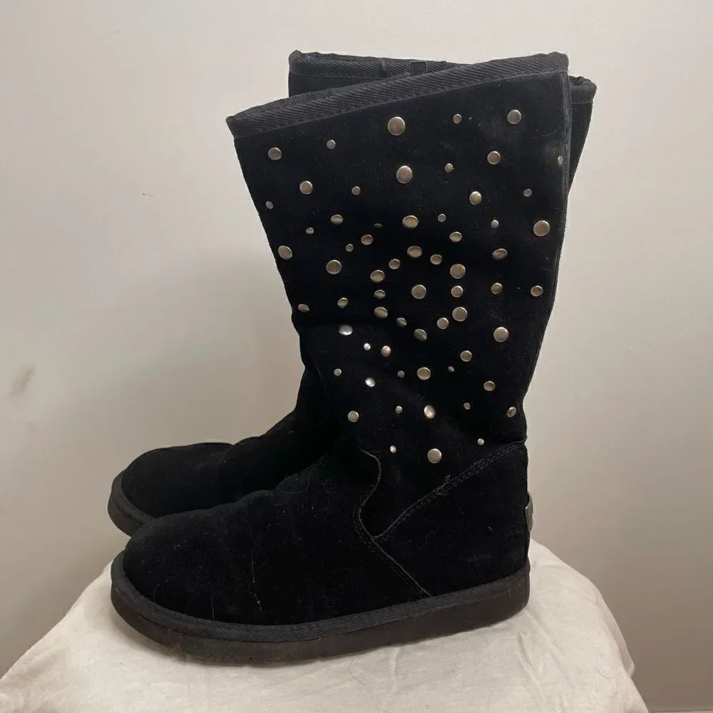 UGG Classic Rock Star Stud Tall Leather Sheepskin Shearling Winter Boots Black 7